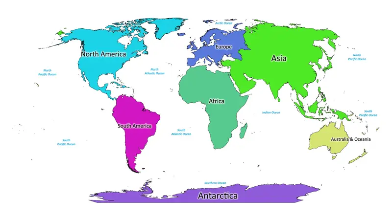 world map labeled with continents and oceans